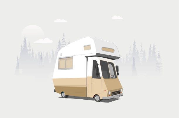 Caravan in the woods Old caravan, illustration in modern cartoon style. mobile home stock illustrations
