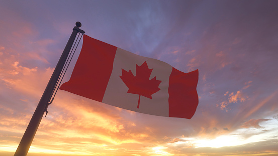 Canada Flag on Flagpole by Evening Sunset Sky, drapeau canadien