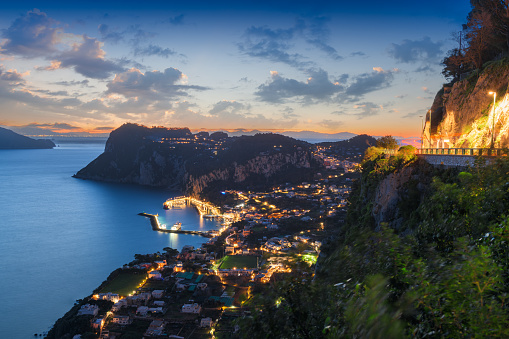 Capri, Italy aerial view with Marina Grande at dusk.