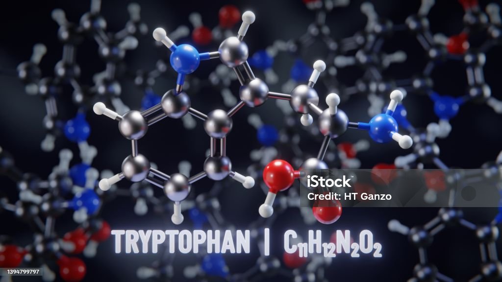 Tryptophan molecular structure. 3D illustration Molecule Stock Photo
