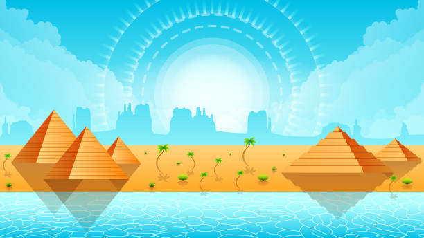 istock Abstract Sky Road In Desert Background Silhouette With Sand Oasis Water Mountains And Sun Vector Design Style Nature Landscape 1394799962