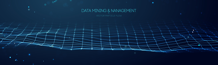 Data mining and management. Flow banner data transfer science illustration. Finance concept business software blue technology background. Digital information network connection. Vector illustration.