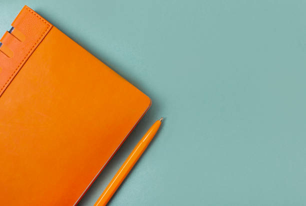 Orange notepad and ballpoint pen on a green background