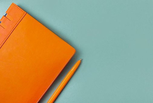 Orange notepad and ballpoint pen on a green background. Stationery. Copy space