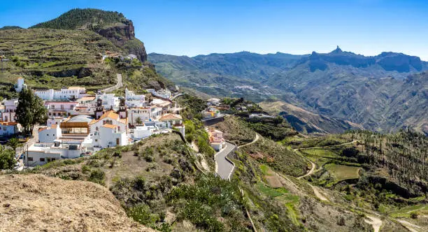 Artenara village and mountain landscape surroundings, Canary Islands, Spain. Roque Nublo is at background