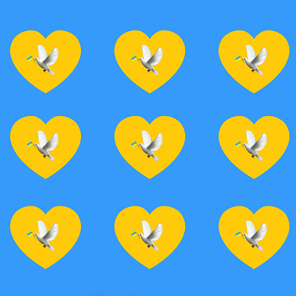 Peace dove with Ukrainian flag and hearts in Ukrainian flag colors