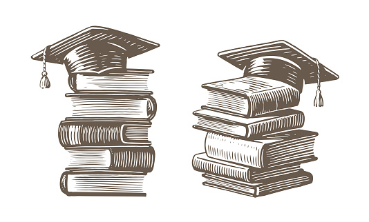 Stack of books with graduation cap sketch. Studying in college, school concept. Vintage vector illustration