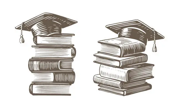 Vector illustration of Stack of books with graduation cap sketch. Studying in college, school concept. Vintage vector illustration