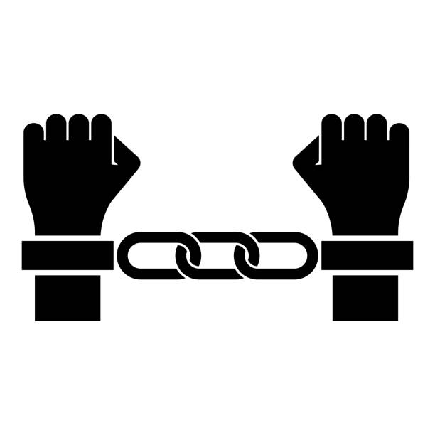 Hands in handcuffs Criminal concept Arrested punishment Bondage convict icon black color vector illustration image flat style Hands in handcuffs Criminal concept Arrested punishment Bondage convict icon black color vector illustration image flat style simple wristband illustrations stock illustrations