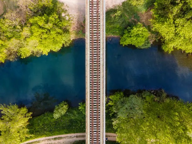 Photo of Railroad Tracks Crossing a Beautiful River in Springtime