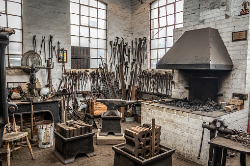 Blacksmith forge with anvil and tools