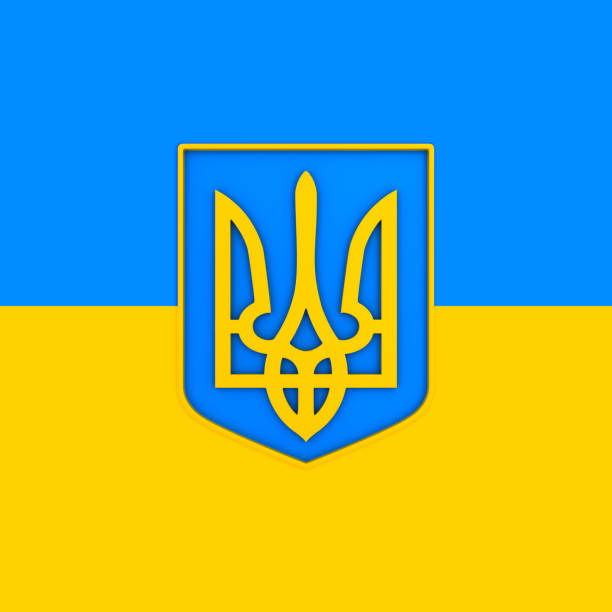 emblema nazionale ucraina sulla bandiera. illustrazione 3d - bandera foto e immagini stock
