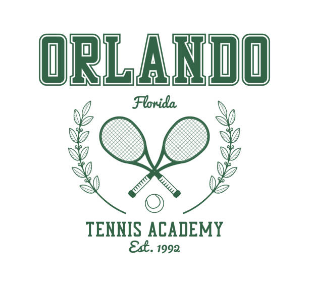 ilustrações de stock, clip art, desenhos animados e ícones de orlando, florida tennis academy t-shirt design. tee shirt and apparel print with tennis racquet, tennis ball and laurel wreath. vector - tennis