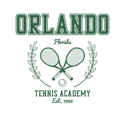 Orlando, Florida tennis academy t-shirt design. Tee shirt and apparel print with tennis racquet, tennis ball and laurel wreath. Vector illustration.