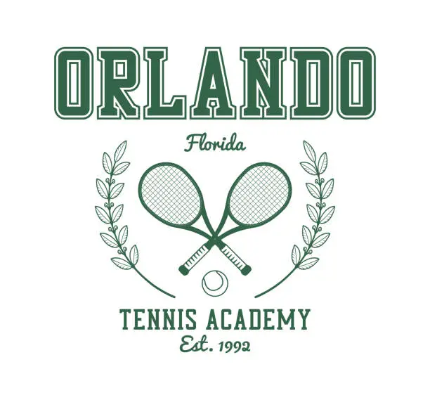 Vector illustration of Orlando, Florida tennis academy t-shirt design. Tee shirt and apparel print with tennis racquet, tennis ball and laurel wreath. Vector