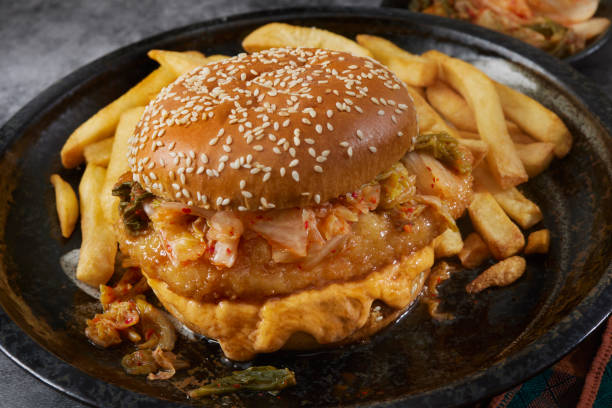 Sweet and Sour Crispy Fried Chicken Burger with Kimchi