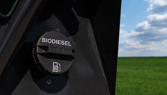 Close up of a tank cap with the inscription Biodiesel