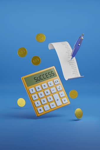 Calculator with the word success on the screen next to gold coins with copy space. 3d illustration