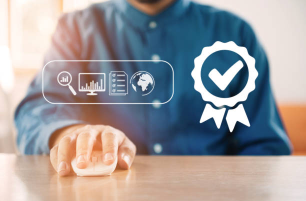 istock Businessman working with sign of Certification and standardization process, iso certified business, conformity to international standards and quality assurance concept. 1394811333