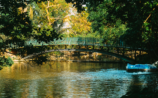 A hanging bridge in a public park over pond. Landscape view during sunset.