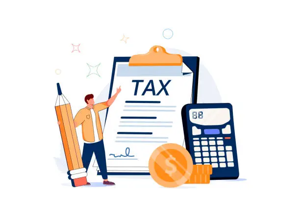 Vector illustration of Income tax filing, calculate revenue and filling tax form, expert complete checklist for all reduction, refund, payment