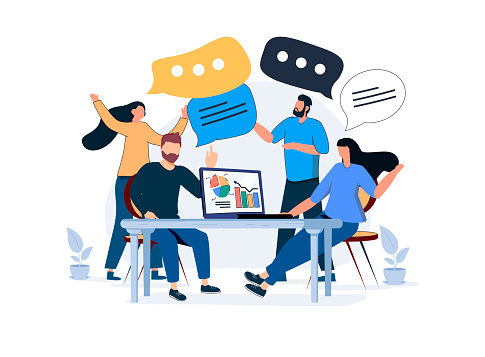 Vector illustration, workers are sitting at the negotiating table, collective thinking and brainstorming, company information analytics - vector. Problem solving, brainstorming, find solution, vector