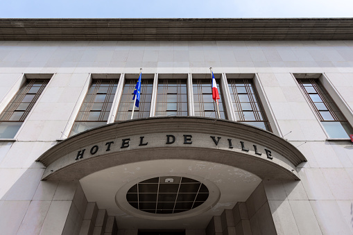 Boulogne-Billancourt, France - May 1, 2022: Exterior view of the town hall of Boulogne-Billancourt, a French city in the western suburbs of Paris, located in the Hauts-de-Seine department