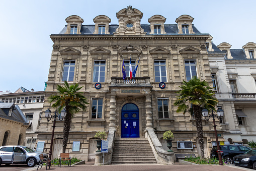 Saint-Cloud, France - May 1, 2022: Exterior view of the town hall of Saint-Cloud, a French city in the western suburbs of Paris, located in the Hauts-de-Seine department in the Ile-de-France region