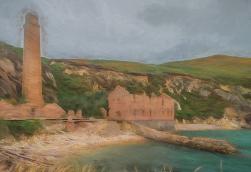 Digital painting of the ruins of the brickwork factory at Porth Wen, Llanbadrig, Anglesey, Wales.