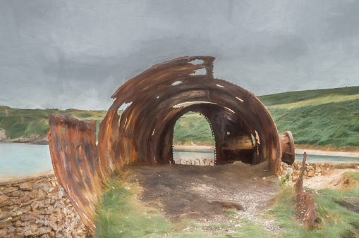 Digital painting of the ruins of the brickwork factory at Porth Wen, Llanbadrig, Anglesey, Wales.