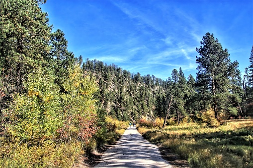 Beneath the blue sky and white clouds of an Autumn day in South Dakota, the George Mickelson State Trail passes through mountains covered with green pines and Autumn-colored vegetation.