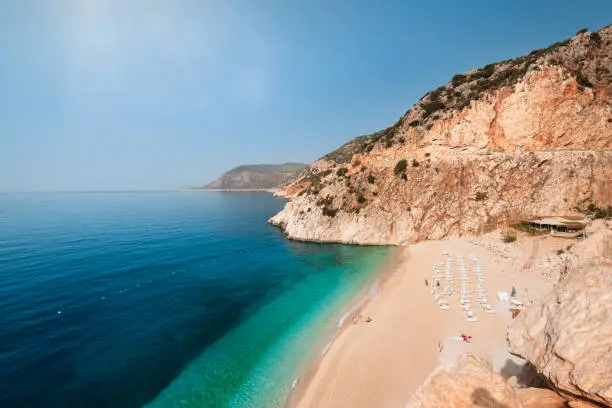 Kaputas beach in the middle of the day. Calm view of Kaputaş beach on a hot day. The most famous salils of Antalya. Turkey