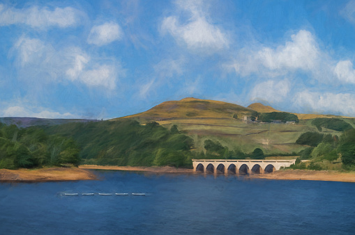Digital painting of Ladybower Reservoir in the Upper Derwent Valley in the Peak District National Park.