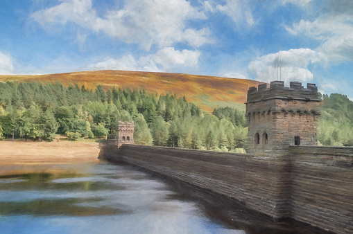 Digital painting of Derwent Reservoir in the Upper Derwent Valley in the Peak District National Park.