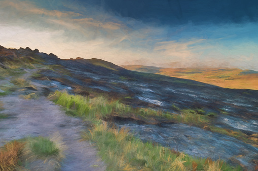 Digital painting of Golden hour as the sunset lights the heather and rocks at the Roaches in the Peak District National park.