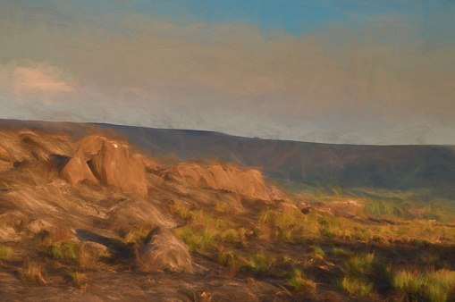 Digital painting of Golden hour as the sunset lights the heather and rocks at the Roaches in the Peak District National park.