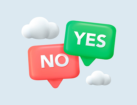 Yes or No. Speech Bubbles. 3D Web Vector Illustrations. Design element for badge, sticker, mark, symbol icon and card chat. Test question. Yes No word text on talk shape. Checklist, exam result. 3D