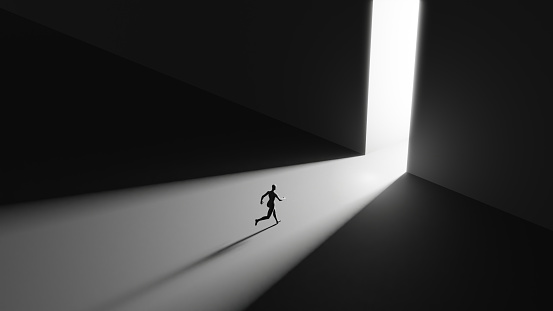 A girl silhouette is running to a big doorway (3D Rendering)