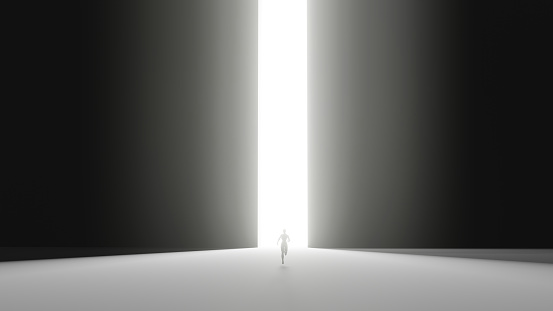 A girl silhouette is running to a big doorway (3D Rendering)