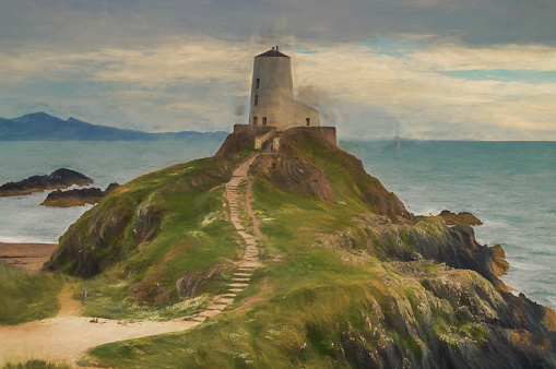 Digital painting of the Llanddwyn island lighthouse, Twr Mawr at Ynys Llanddwyn on Anglesey, North Wales.