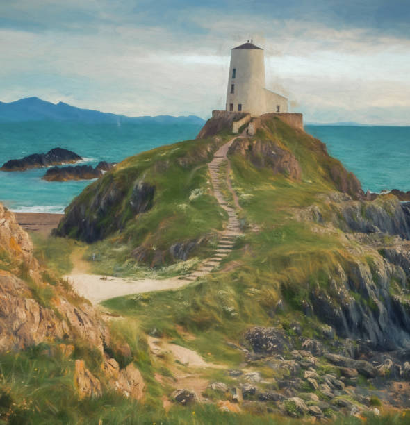 cyfrowe malowanie latarni morskiej na wyspie llanddwyn, twr mawr w ynys llanddwyn na anglesey w walii. - fine art painting obrazy zdjęcia i obrazy z banku zdjęć