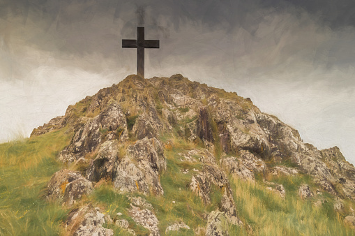 Digital painting of the cross on Llanddwyn island on Anglesey, North Wales.