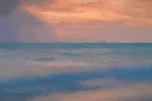 Digital painting of a long exposure of the sea at golden hour, as dawn starts to break over a white sandy beach.