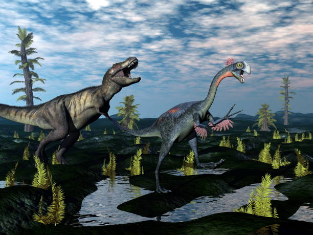 istock Tyrannosaurus rex attacking gigantoraptor dinosaur - 3D render 1394821988