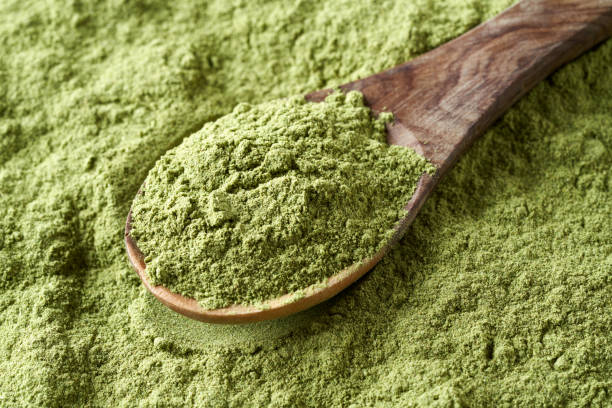 istock Dry barley grass powder on a spoon 1394822126