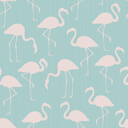 Seamless pattern of a pink flamingo on green background
