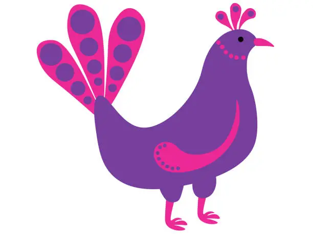 Vector illustration of Fantasy bird in pink purple hues, stylized peacock for card design, flyer, etc.