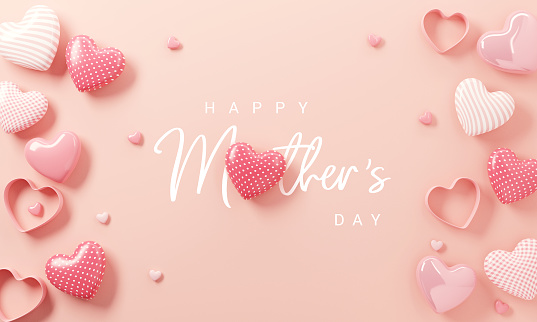 Mother's day concept. 3d red and pink hearts symbol with happy mother's day. 3d render.