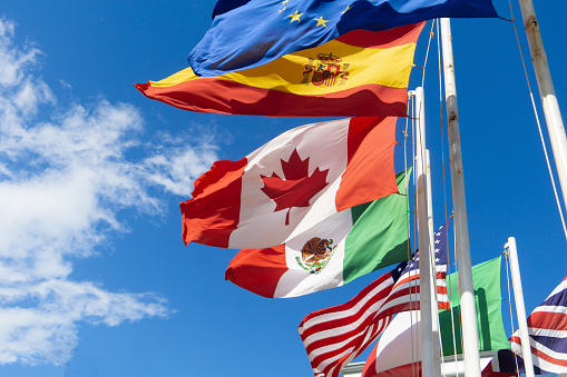 Flags of Canada, Spain, Mexico, the European Union, the USA are developing against the sky. Flags of different countries on flagpoles, the concept of negotiations and international relations.