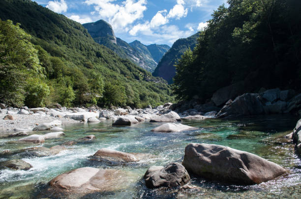 verzasca suisse, une vallée profonde dans les montagnes avec une rivière qui coule sur de gros rochers - ticino canton stone switzerland water photos et images de collection